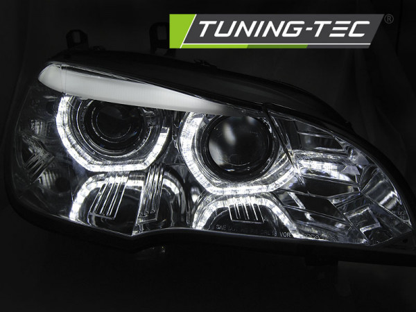 Přední světla xenon D1S 3D LED DRL angel eyes, AFS BMW X5 E70 07-10 chromová