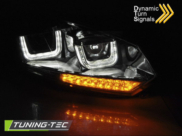 Přední světla U-LED s denními světly, LED dynamickým blinkrem pro VW Golf 6 08-12 chromové